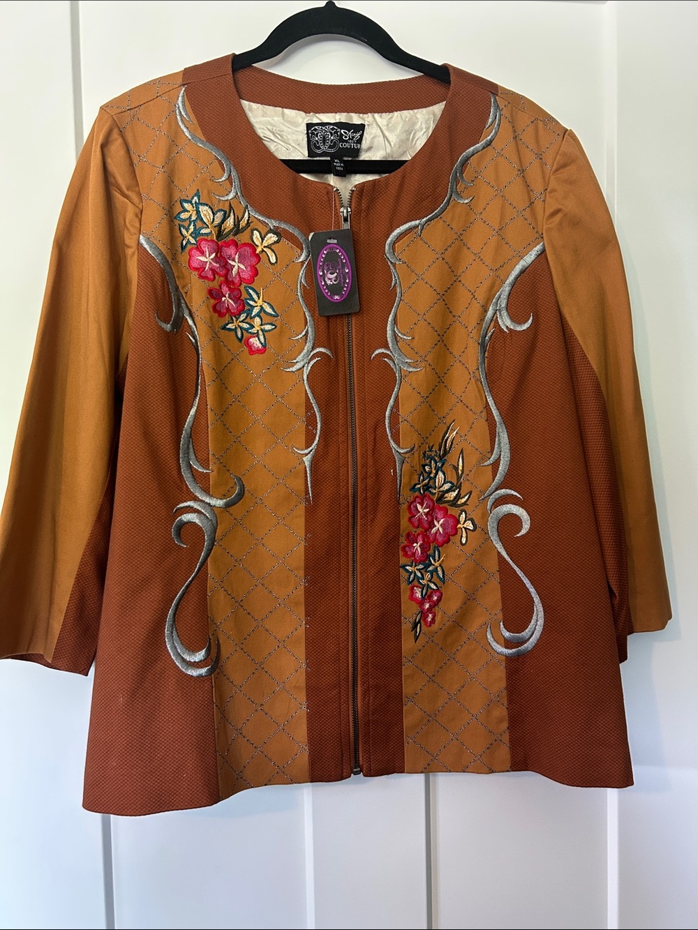 Sharif 1827 Couture Autumn fall zip up fully lined jacket embroidered 3/4 sleeve